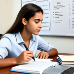 A focused young adult, of Brazilian or Portuguese appearance, in modest and comfortable professional attire, seated at a modern, well-lit study desk in a contemporary, calm home office. The desk is neatly organized with Portuguese textbooks, a notebook filled with precise grammatical notes, and a digital tablet displaying language learning apps. A whiteboard in the background displays a clear, organized mind map outlining Portuguese grammar rules and text comprehension strategies. The subject looks at their notes with a clear, understanding expression, demonstrating deep concentration. Warm, inviting natural light fills the scene. High-resolution, professional photography, safe for work, appropriate content, fully clothed, professional dress, perfect anatomy, correct proportions, natural pose, well-formed hands, proper finger count, natural body proportions, family-friendly.