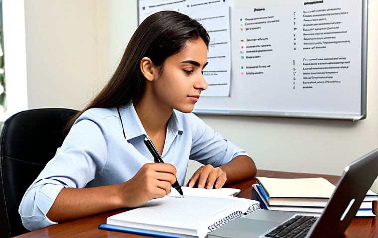 A focused young adult, of Brazilian or Portuguese appearance, in modest and comfortable professional attire, seated at a modern, well-lit study desk in a contemporary, calm home office. The desk is neatly organized with Portuguese textbooks, a notebook filled with precise grammatical notes, and a digital tablet displaying language learning apps. A whiteboard in the background displays a clear, organized mind map outlining Portuguese grammar rules and text comprehension strategies. The subject looks at their notes with a clear, understanding expression, demonstrating deep concentration. Warm, inviting natural light fills the scene. High-resolution, professional photography, safe for work, appropriate content, fully clothed, professional dress, perfect anatomy, correct proportions, natural pose, well-formed hands, proper finger count, natural body proportions, family-friendly.