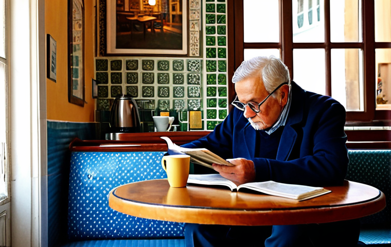 Lisbon Cafe Scene**
"A cozy Lisbon cafe interior, warm lighting, *azulejos* on the walls, a senior gentleman with reading glasses engrossed in *Jornal de Notícias*, steam rising from a *bica* (espresso), fully clothed patrons, appropriate attire, safe for work, perfect anatomy, natural proportions, professional photography, high quality, family-friendly, soft focus background."
**