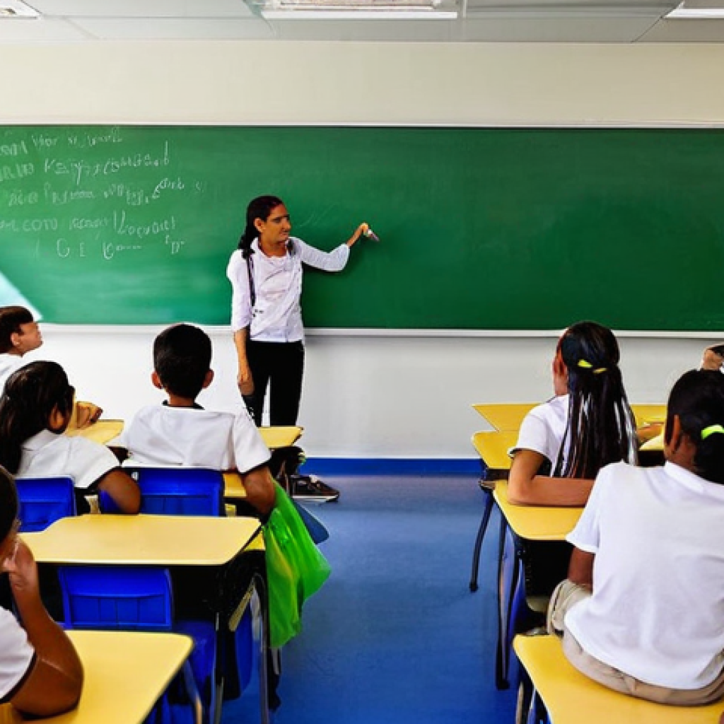 국어 교과 과정 개편 - The Transformative Classroom**
"A vibrant, sunlit classroom in a Brazilian school, filled with d...
