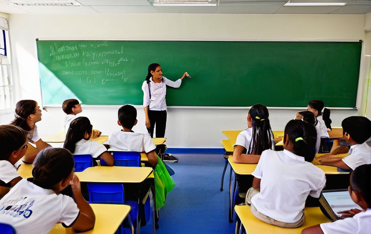 국어 교과 과정 개편 - The Transformative Classroom**
"A vibrant, sunlit classroom in a Brazilian school, filled with d...