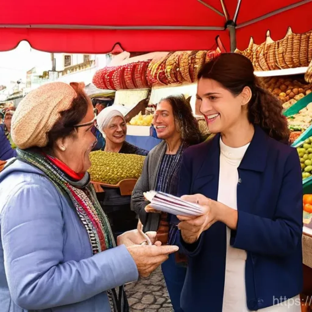 국어 교육과 다문화 환경 - **Prompt 1: "Portuguese Language Immersion at a Lively Market"**
A bustling outdoor market scene...