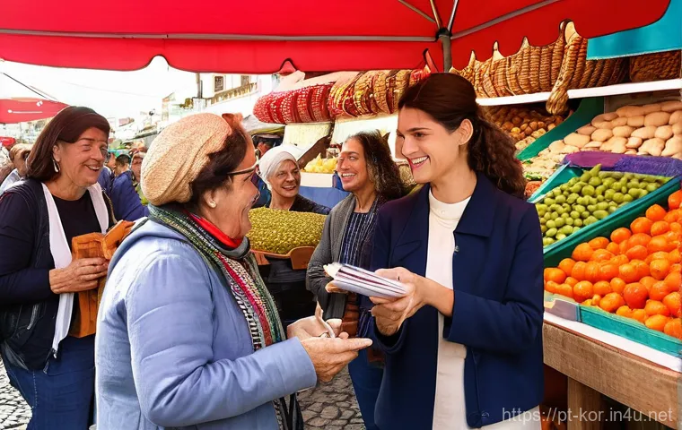 국어 교육과 다문화 환경 - **Prompt 1: "Portuguese Language Immersion at a Lively Market"**
A bustling outdoor market scene...