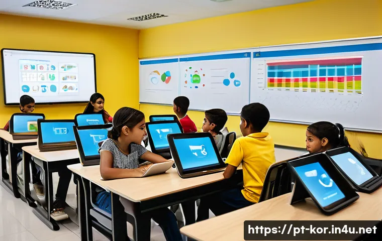 국어 학습에서의 빅데이터 활용 - A modern classroom scene in Brazil featuring diverse students of various ages engaged with digital l...