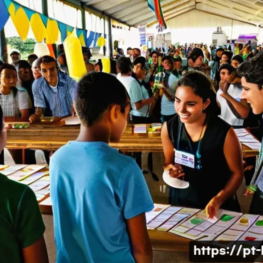 국어 교수법 강의 리뷰 - ) A bustling Brazilian school "Feira Cultural" scene inside a bright gymnasium transformed into a cu...