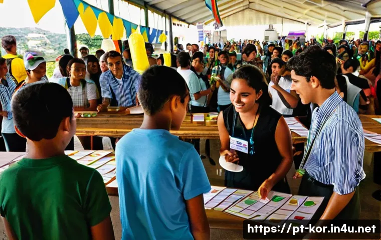 국어 교수법 강의 리뷰 - ) A bustling Brazilian school "Feira Cultural" scene inside a bright gymnasium transformed into a cu...