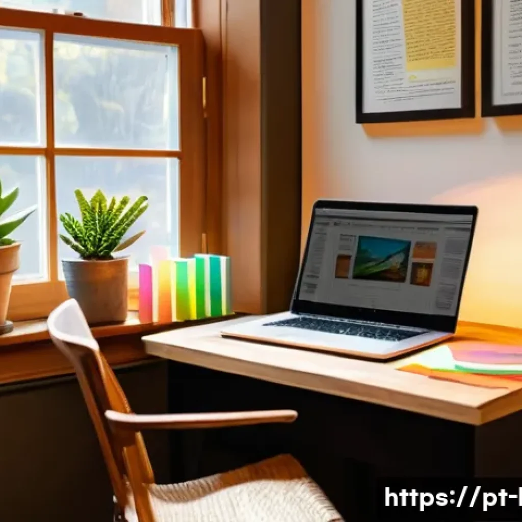 국어 문학 감상문 작성법 - A cozy, sunlit home office scene with a wooden desk covered in open books, colorful sticky notes, an...