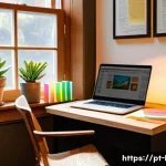 Home 22 국어 문학 감상문 작성법 - A cozy, sunlit home office scene with a wooden desk covered in open books, colorful sticky notes, an...