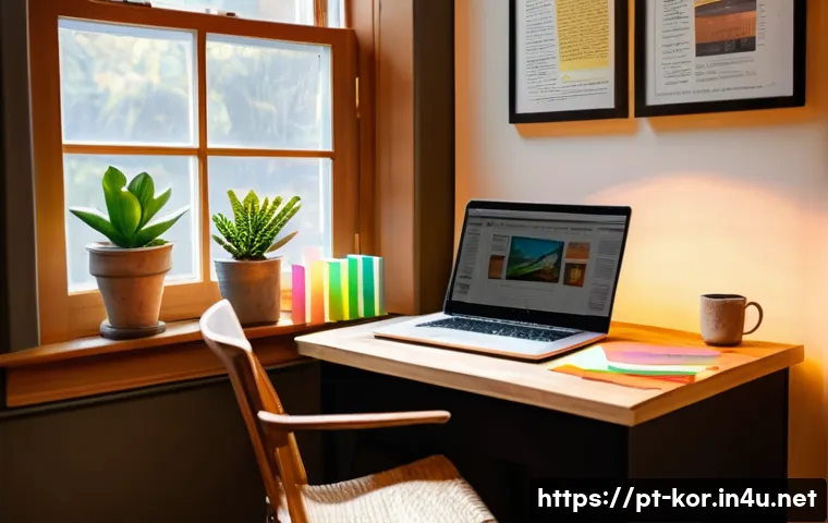 국어 문학 감상문 작성법 - A cozy, sunlit home office scene with a wooden desk covered in open books, colorful sticky notes, an...