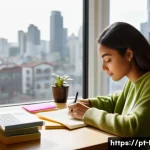 Home 21 국어 글쓰기의 논리 구조 분석 - A cozy modern home office scene showing a young adult woman writing on a laptop, surrounded by organ...