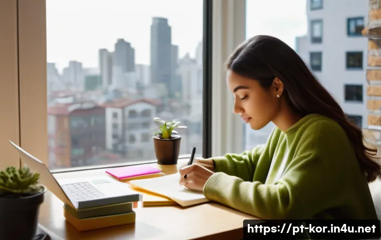 국어 글쓰기의 논리 구조 분석 - A cozy modern home office scene showing a young adult woman writing on a laptop, surrounded by organ...