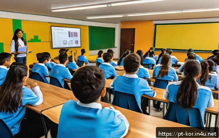 국어 토론 수업 운영법 - A modern classroom scene in Brazil with diverse high school students actively participating in a deb...