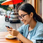 Home 18 국어 학습 앱 추천 - A young adult woman sitting at a cozy café table in São Paulo, Brazil, using a smartphone with a Kor...