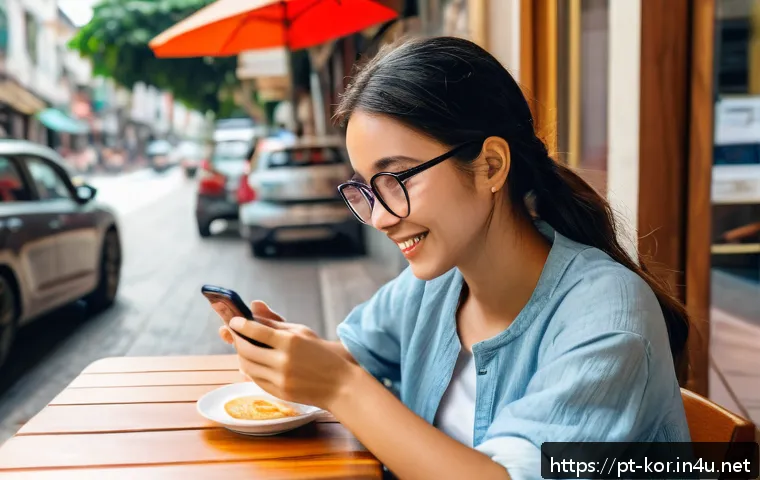 국어 학습 앱 추천 - A young adult woman sitting at a cozy café table in São Paulo, Brazil, using a smartphone with a Kor...