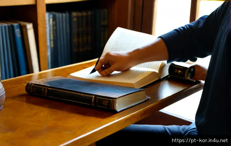 Home 17 국어 문학사 개요 - Photorealistic university library scene in Portugal, an open antique leather-bound book with blank p...